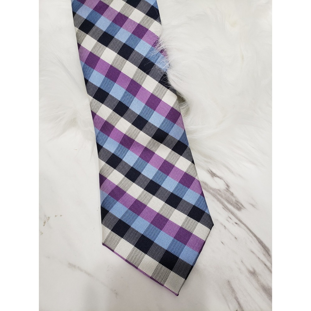 NEW EXTRA LONG Tommy Hilfiger Mens 100% Silk Tie PLAID PURPLE CHECKERED GRAY